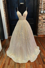 Formal Dresses Homecoming, Champagne Sequins Long A-Line Prom Dress, Shiny V-Neck Spaghetti Straps Party Dress