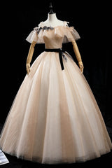 Prom Dress Online, Champagne Shiny Tulle Floor Length Prom Dress, Off the Shoulder Evening Dress