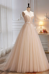 Bridesmaid Dress Fall Wedding, Champagne Spaghetti Strap Tulle Formal Dress with Feathers, Cute A-Line Evening Dress