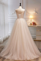 Bridesmaid Dresses Fall Wedding, Champagne Spaghetti Strap Tulle Formal Dress with Feathers, Cute A-Line Evening Dress