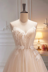 Bridesmaids Dresses Fall Wedding, Champagne Spaghetti Strap Tulle Formal Dress with Feathers, Cute A-Line Evening Dress