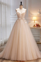 Bridesmaid Dress Spring, Champagne Spaghetti Strap Tulle Formal Dress with Feathers, Cute A-Line Evening Dress