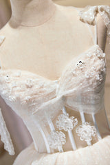 Party Dress Design, Champagne Spaghetti Straps Lace Party Dress, A-Line Short Homecoming Dress
