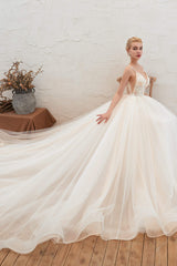 Wedding Dresses Princesses, Champagne Spaghetti Straps V-neck Floor Length A-line Lace Tulle Wedding Dresses