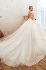 Wedsing Dress Princess, Champagne Spaghetti Straps V-neck Floor Length A-line Lace Tulle Wedding Dresses