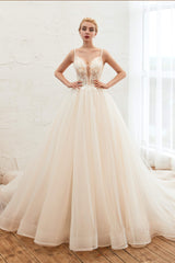 Wedding Dressed Princess, Champagne Spaghetti Straps V-neck Floor Length A-line Lace Tulle Wedding Dresses