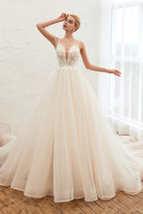 Wedding Dress Princesses, Champagne Spaghetti Straps V-neck Floor Length A-line Lace Tulle Wedding Dresses