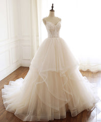 Evening Dresses Formal, Champagne Sweetheart Lace Tulle Long Prom Gown Lace Evening Gown