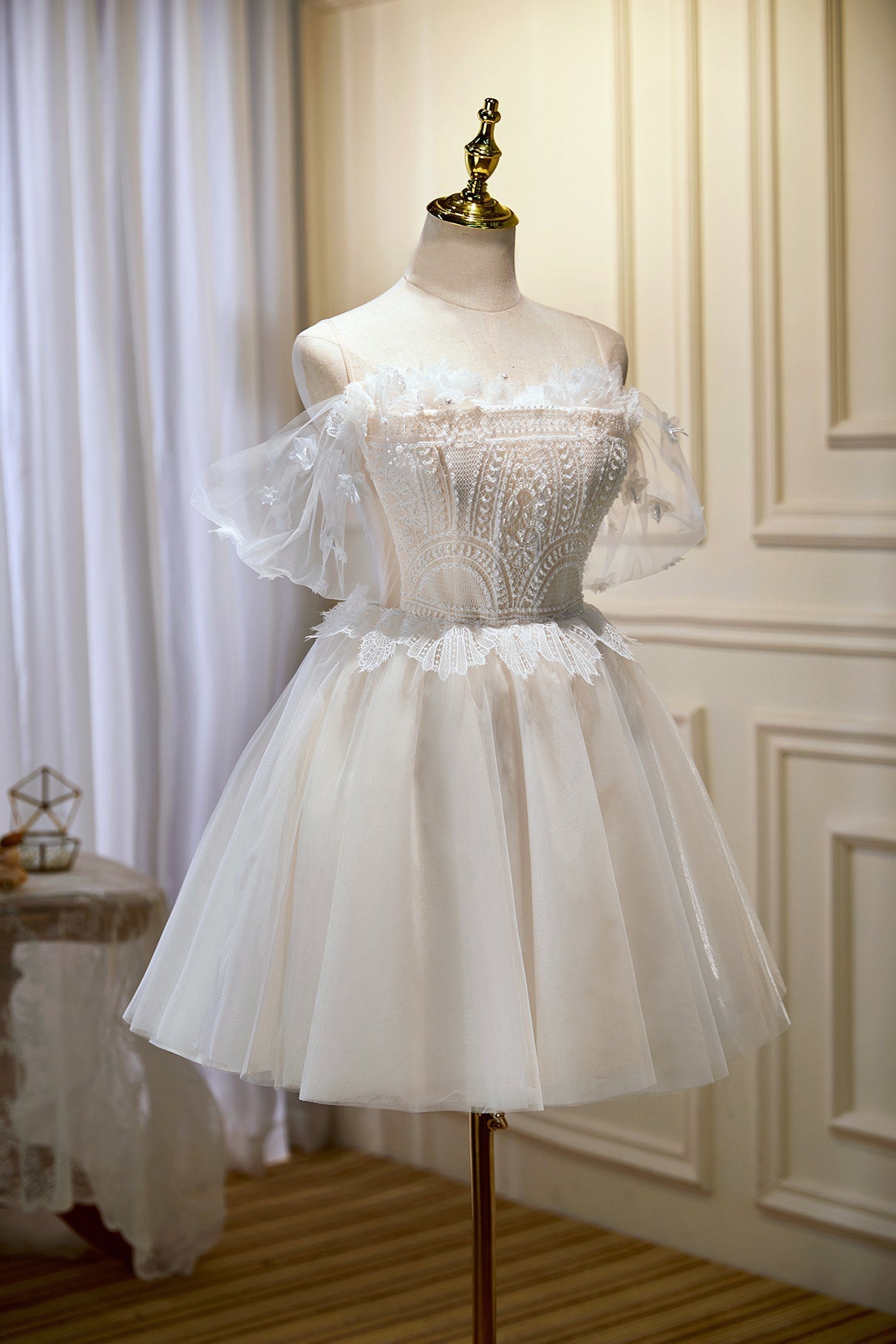 Party Dress Trends, Champagne Sweetheart Lace Tulle Party Dress, A-Line Homecoming Dress