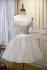 Party Dress Styles, Champagne Sweetheart Lace Tulle Party Dress, A-Line Homecoming Dress