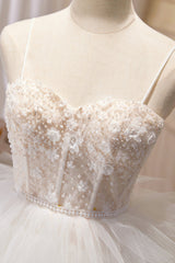 Wedding Pictures Ideas, Champagne Sweetheart Layers Princess Dress, Spaghetti Straps Tulle Formal Gown