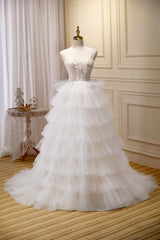 Elegant Wedding, Champagne Sweetheart Layers Princess Dress, Spaghetti Straps Tulle Formal Gown