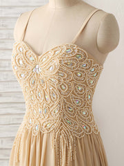 Party Dress Express Photos, Champagne Sweetheart Neck Beads Long Prom Dress Evening Dress