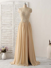 Party Dress With Glitter, Champagne Sweetheart Neck Beads Long Prom Dress Evening Dress