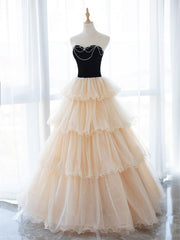 Prom Dress Vintage, Champagne Sweetheart Neck Tulle Long Prom Dress, Champagne Formal Dresses
