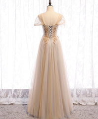 Gorgeou Dress, Champagne Sweetheart Tulle Lace Long Prom Dress Champagne Formal Dress