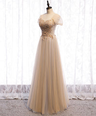 Senior Prom Dress, Champagne Sweetheart Tulle Lace Long Prom Dress Champagne Formal Dress