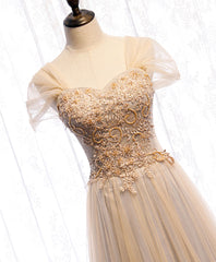 Elegant Gown, Champagne Sweetheart Tulle Lace Long Prom Dress Champagne Formal Dress