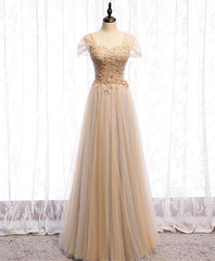 Dress Formal, Champagne Sweetheart Tulle Lace Long Prom Dress Champagne Formal Dress
