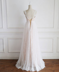Casual Gown, Champagne Sweetheart Tulle Lace Long Prom Dress Lace Evening Dress