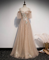 Evening Dress Petite, Champagne Sweetheart Tulle Lace Long Prom Dress Tulle Formal Dress
