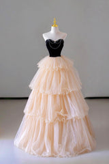 Bridesmaid Dress Outdoor Wedding, Champagne Sweetheart Tulle Layers Long Party Dress, Strapless A-Line Prom Dress
