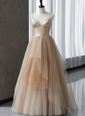 Formal Dresses Over 40, Champagne Tulle Gradient Tulle Straps Long Evening Dress, Charming Formal Gown