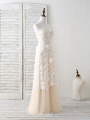 Elegant Dress, Champagne Tulle Lace Applique Long Prom Dress Champagne Evening Dress