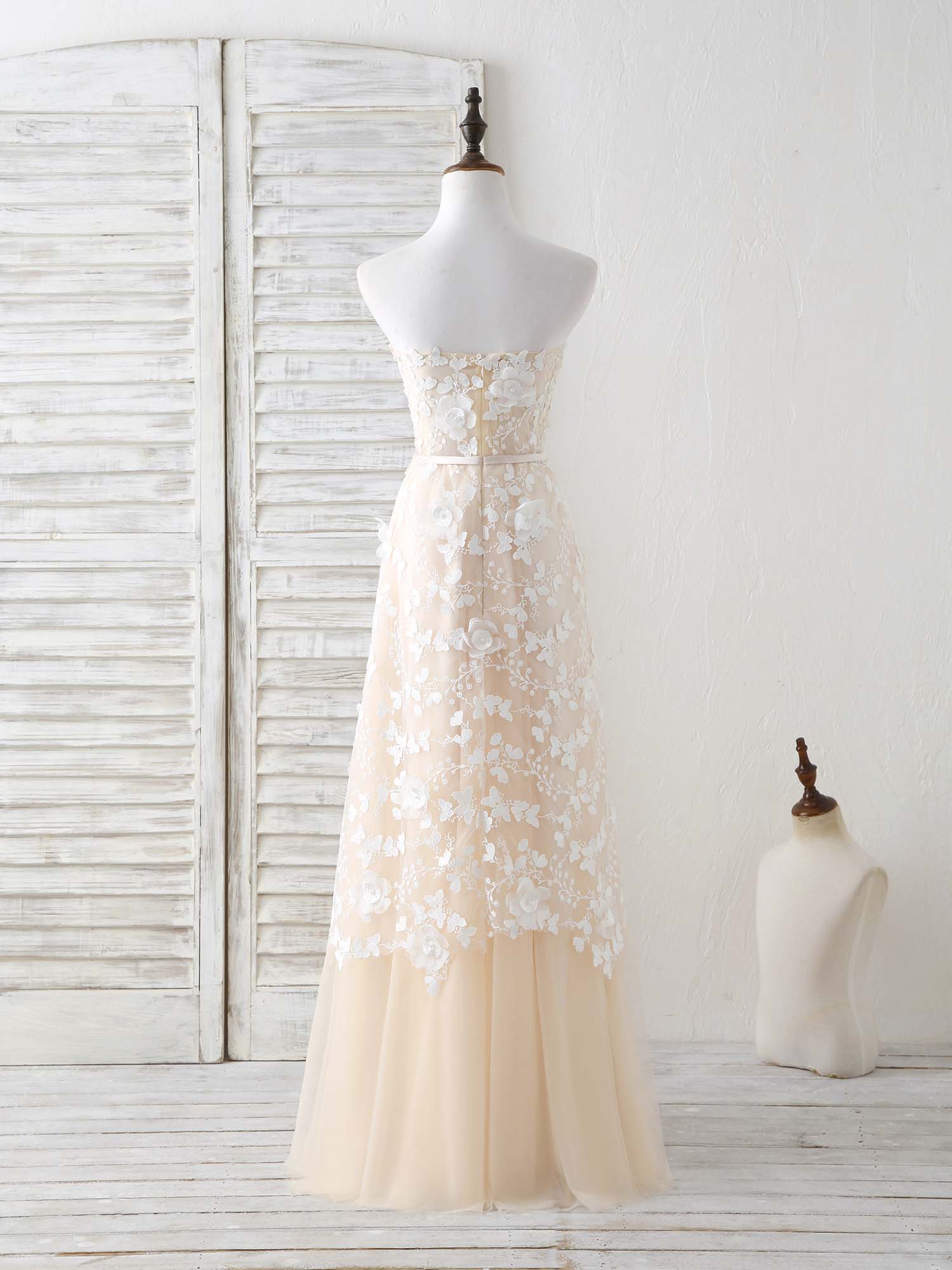 Dress Outfit, Champagne Tulle Lace Applique Long Prom Dress Champagne Evening Dress