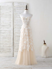 Hoco Dress, Champagne Tulle Lace Applique Long Prom Dress Champagne Evening Dress
