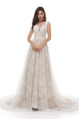 Wedding Dressing Gowns, Champagne Tulle Lace Deep V-neck Backless Pearls Wedding Dresses