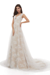 Wedding Dressing Gown, Champagne Tulle Lace Deep V-neck Backless Pearls Wedding Dresses