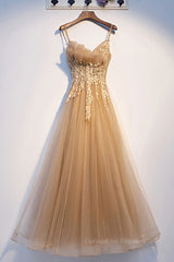 Prom Dress Pieces, Champagne tulle lace long prom dress champagne formal dress