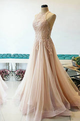 Formal Dresses And Gowns, Champagne tulle lace long prom dress, champagne tulle evening dress