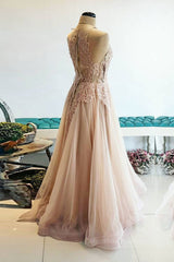 Formal Dress For Weddings, Champagne tulle lace long prom dress, champagne tulle evening dress