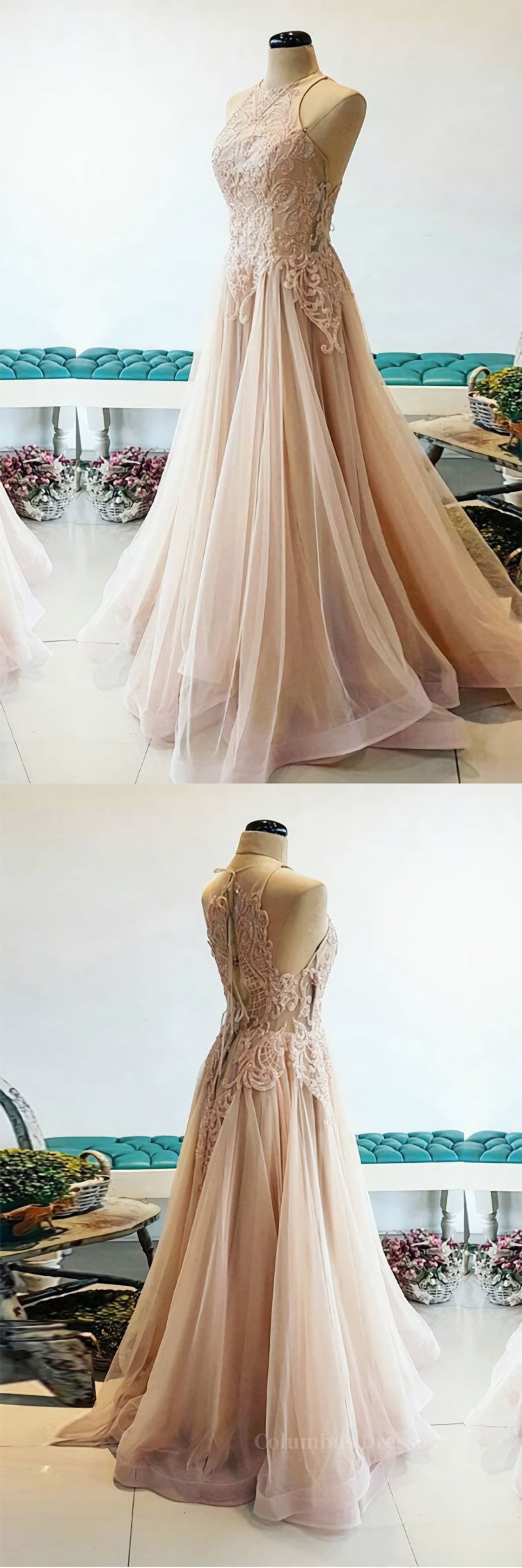 Formal Dresses For Wedding, Champagne tulle lace long prom dress, champagne tulle evening dress