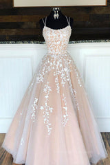 Evenning Dresses Long, Champagne tulle lace long prom dress, champagne tulle formal dress