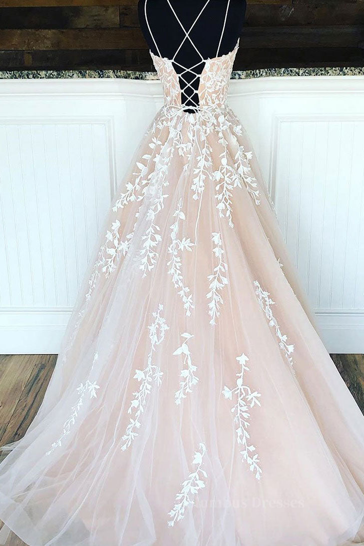 Evening Dress Online, Champagne tulle lace long prom dress, champagne tulle formal dress