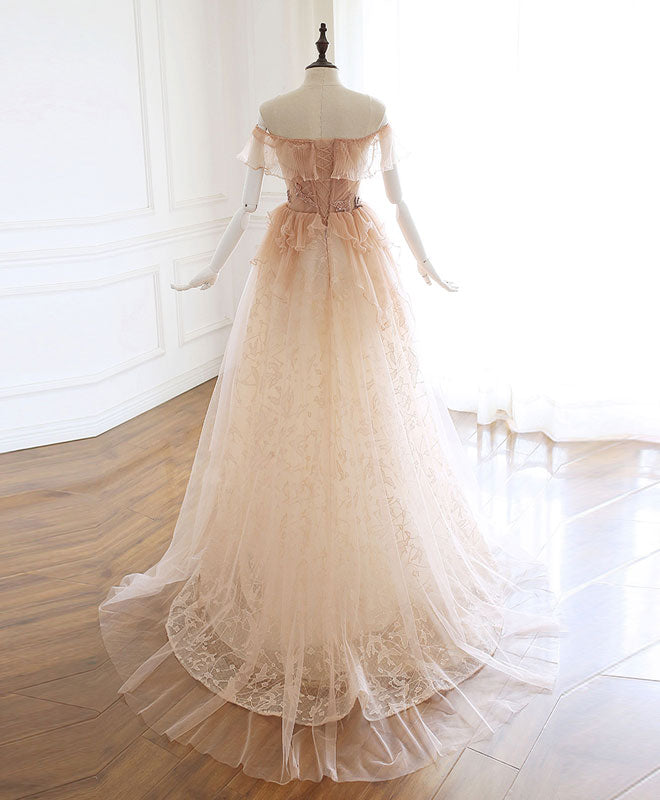 Homecoming Dresses Formal, Champagne Tulle Lace Long Prom Dress Champagne Tulle Lace Evening Dress