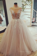 Formal Dresses Near Me, Champagne tulle lace long prom dress, tulle evening dress