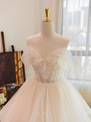 Wedding Dress For Short Brides, Champagne Tulle Lace Long Wedding Dress, Lace Tulle Wedding Gown
