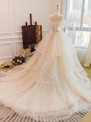 Wedding Dresses For Short Brides, Champagne Tulle Lace Long Wedding Dress, Lace Tulle Wedding Gown