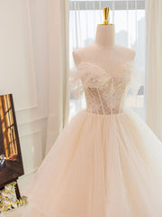Wedding Dress For Short Bride, Champagne Tulle Lace Long Wedding Dress, Lace Tulle Wedding Gown