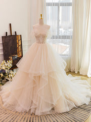 Wedding Dresses For Shorter Brides, Champagne Tulle Lace Long Wedding Dress, Lace Tulle Wedding Gown