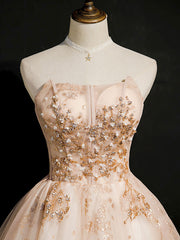 Party Dress Jeans, Champagne Tulle Lace Short Prom Dress, Puffy Champagne Homecoming Dress