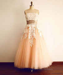 Wedding Dresses 2031, Champagne Tulle Lace Tea Pearl Prom Dresses, Lace Wedding Dresses