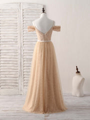 Bridesmaids Dress Peach, Champagne Tulle Long Bridesmaid Dress, Champagne Prom Dresses