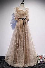 Homecoming Dresses Black, Champagne Tulle Long Party Dress, Short Sleeves A-line Formal Dress Evening Dress
