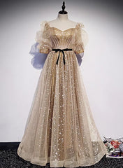 Homecoming Dresses Sparkles, Champagne Tulle Long Party Dress, Short Sleeves A-line Formal Dress Evening Dress