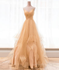 Formal Dress Short, Champagne tulle long prom dress, champagne evening dress